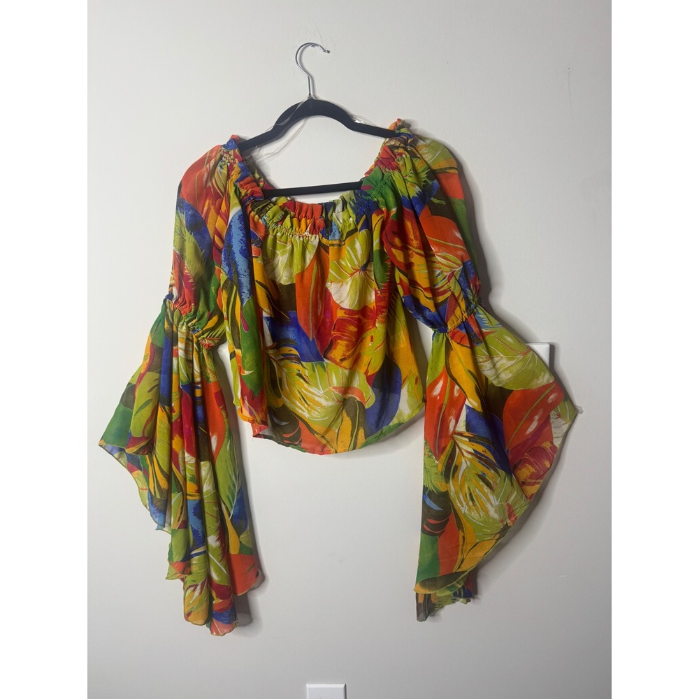 LIVE 4 TRUTH Off Shoulder Tropical Floral Bell Sleeve Crop Top Women's